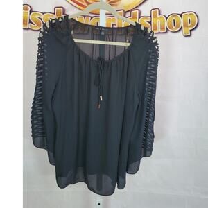 Zac Rachel Black Sheer Lace Sleeve Blouse L